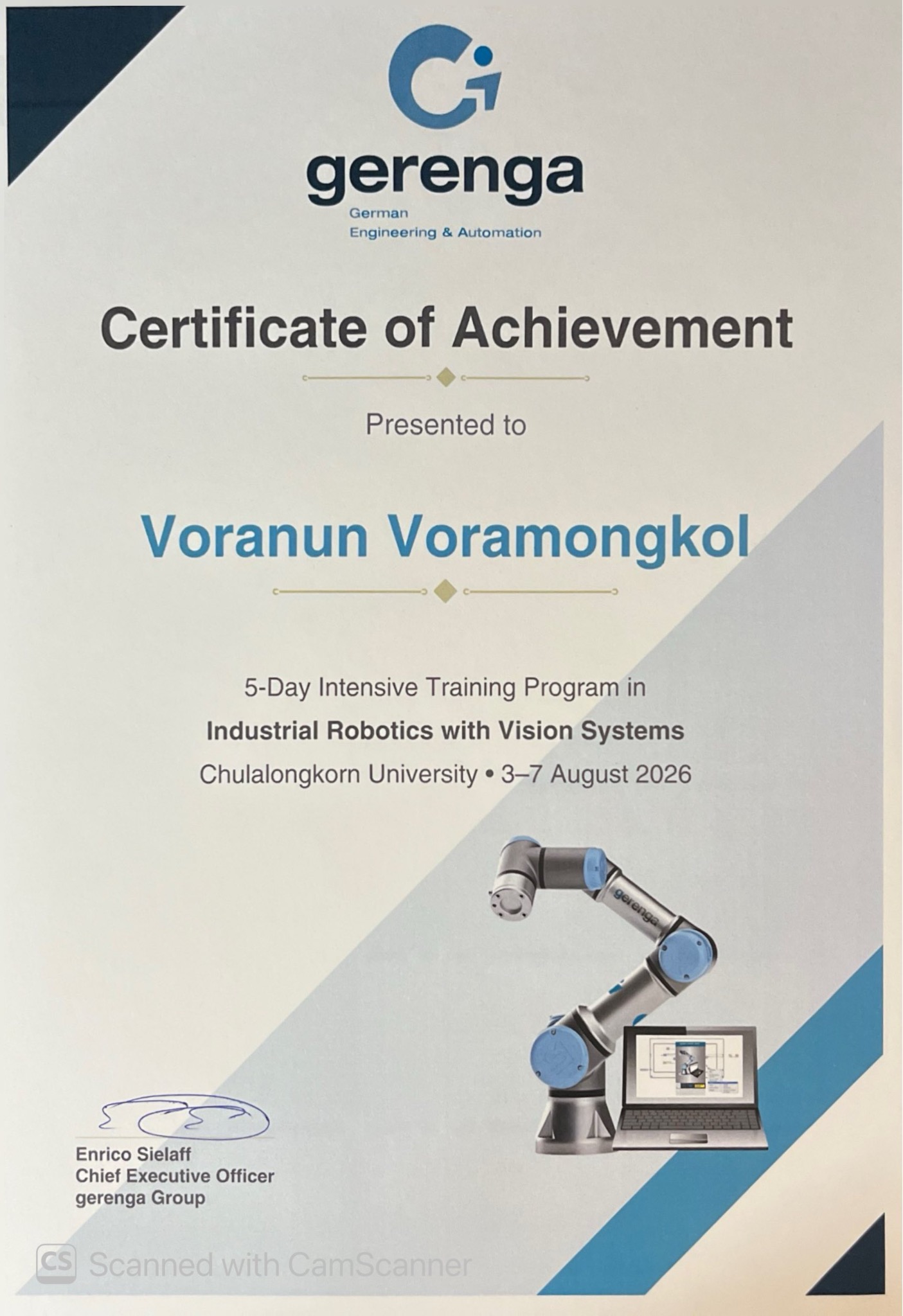 Certificate for Industrial Robotics with Vision Systems